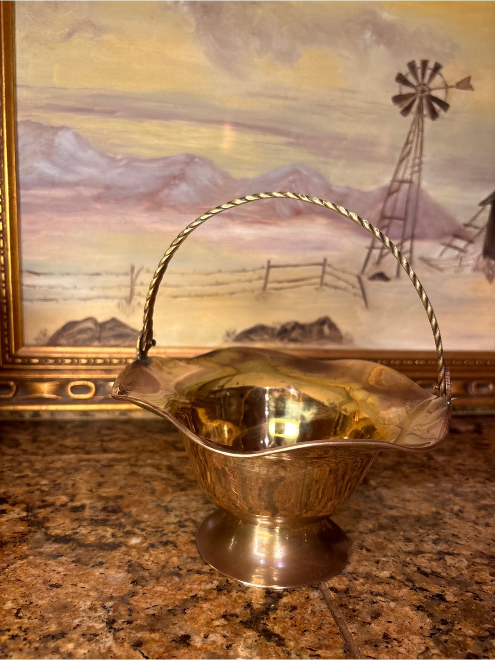 Twisted-Handle Brass Pedestal Basket - Gold Finish